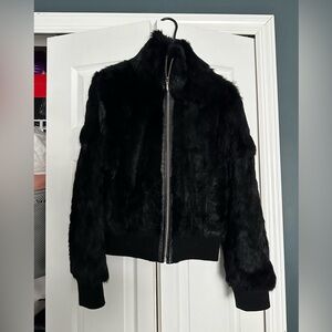 Wilson’s Leather Maxim Black Rabbit Fur Bomber Jacket, Size L